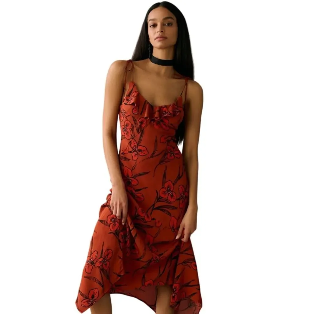 ANTHROPOLOGIE Women's Ruffled V-Neck Slip Dress Size L In Red - Picture 2 of 10